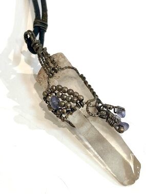 Artisan Clear Quartz Crystal Natural Necklace +Iolite Accent Beads Leather Cord